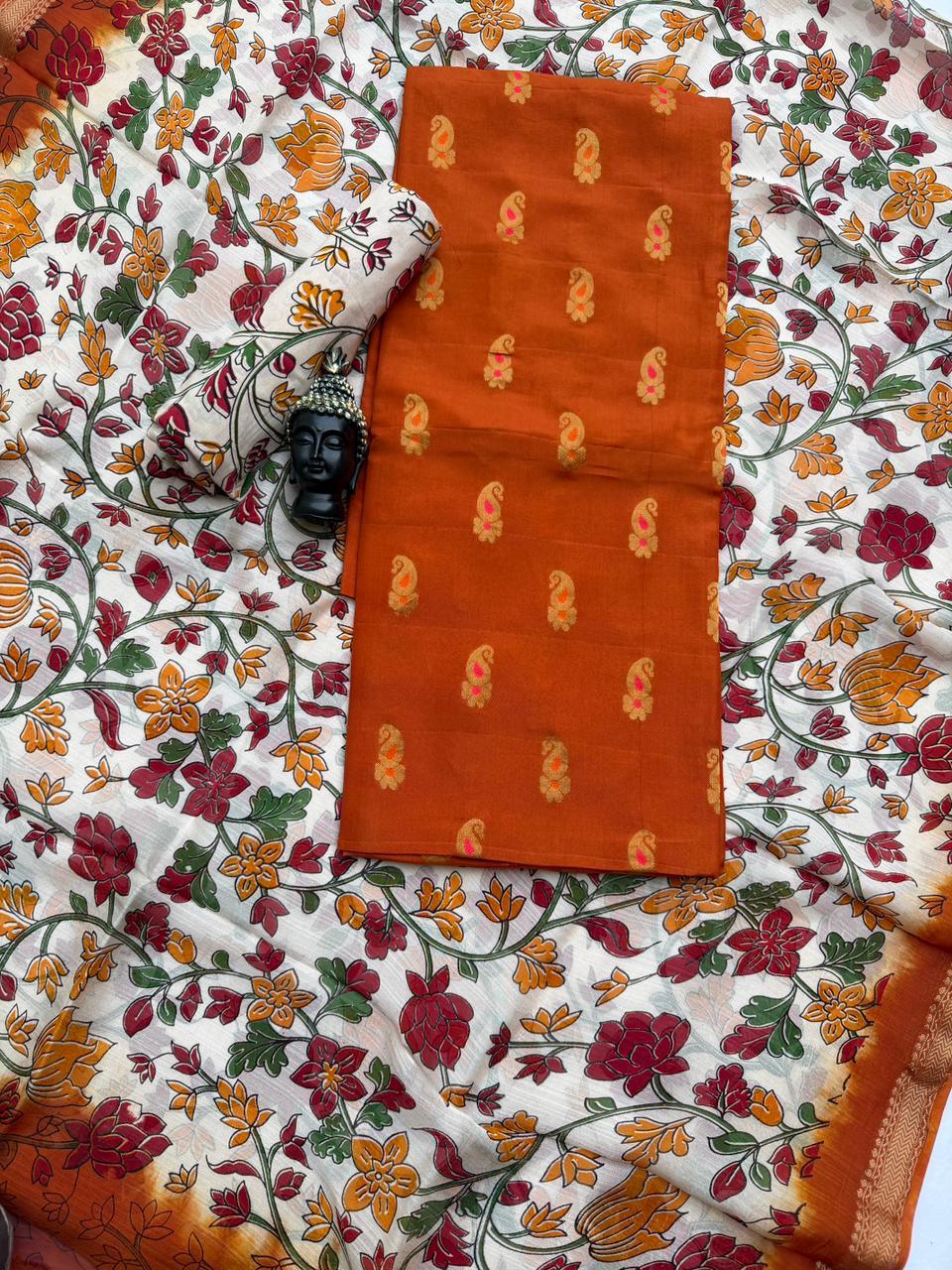 Premium Soft Jute Dress Material with Orange Woven Top & Printed Dupatta