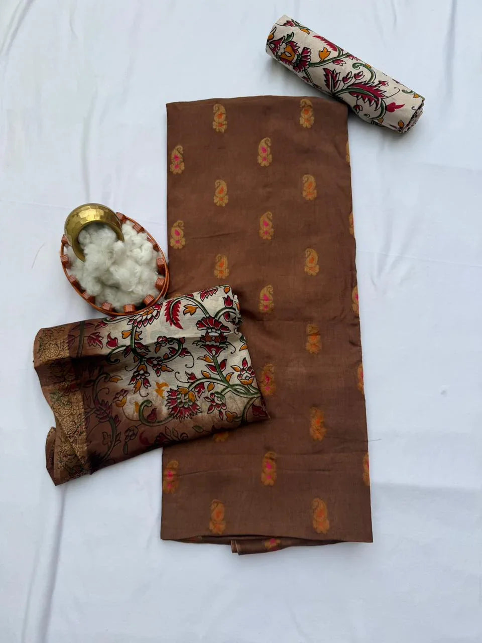 Premium Soft Jute Dress Material with Brown Woven Top & Printed Dupatta