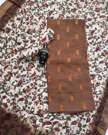 Premium Soft Jute Dress Material with Brown Woven Top & Printed Dupatta