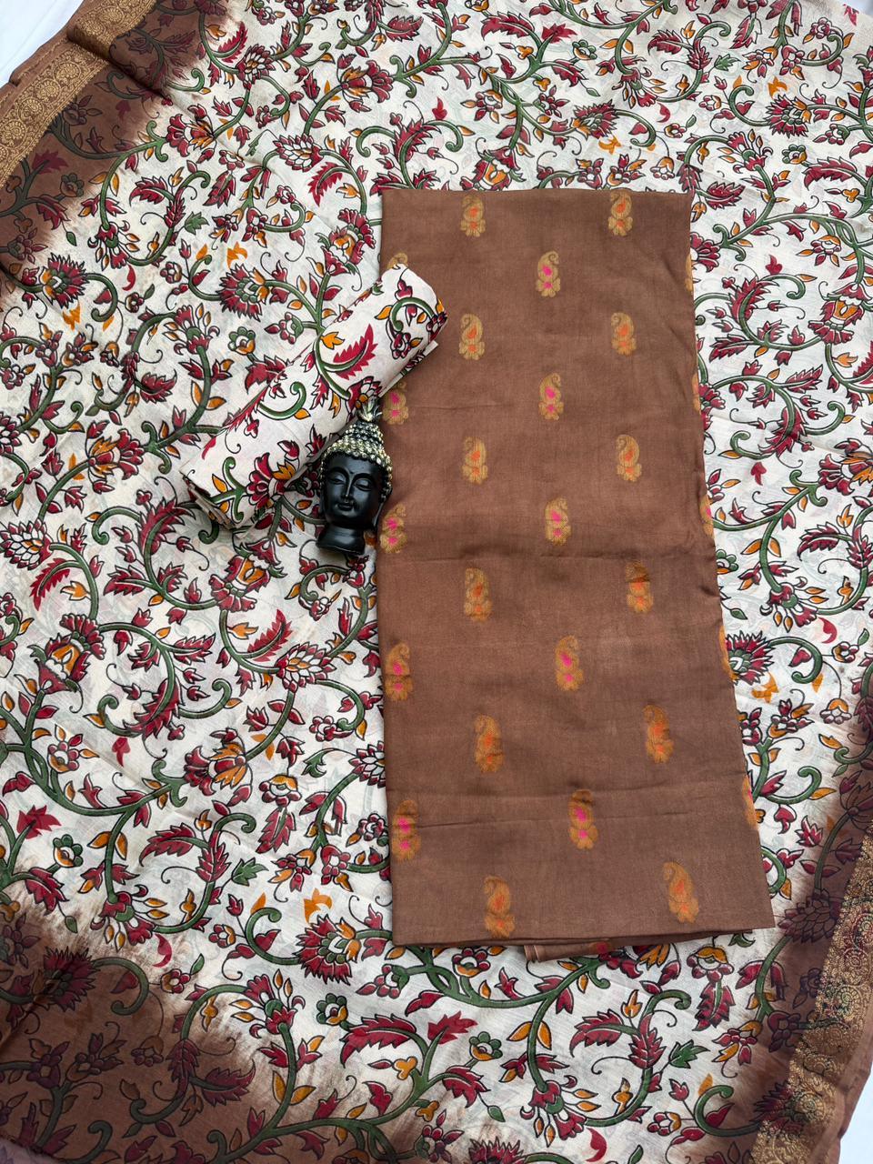 Premium Soft Jute Dress Material with Brown Woven Top & Printed Dupatta