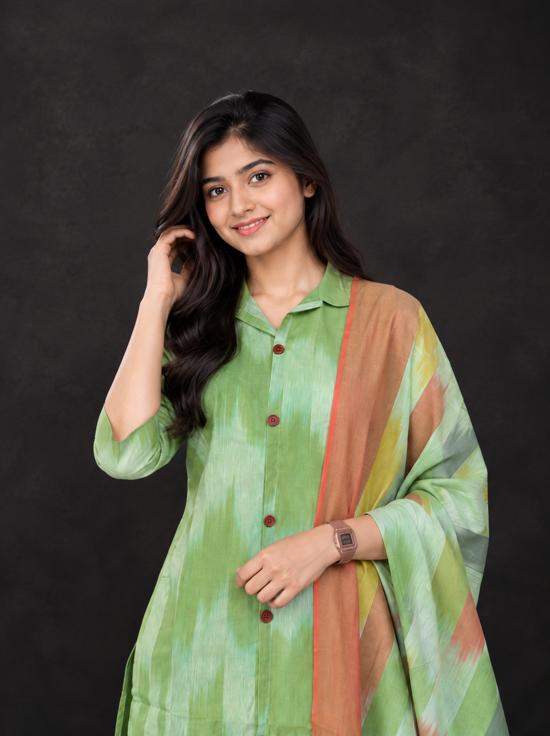 Light Green Premium Ikat Cotton 3PC Set with Collar Neck & Multi-Tone Dupatta with Show Buttons