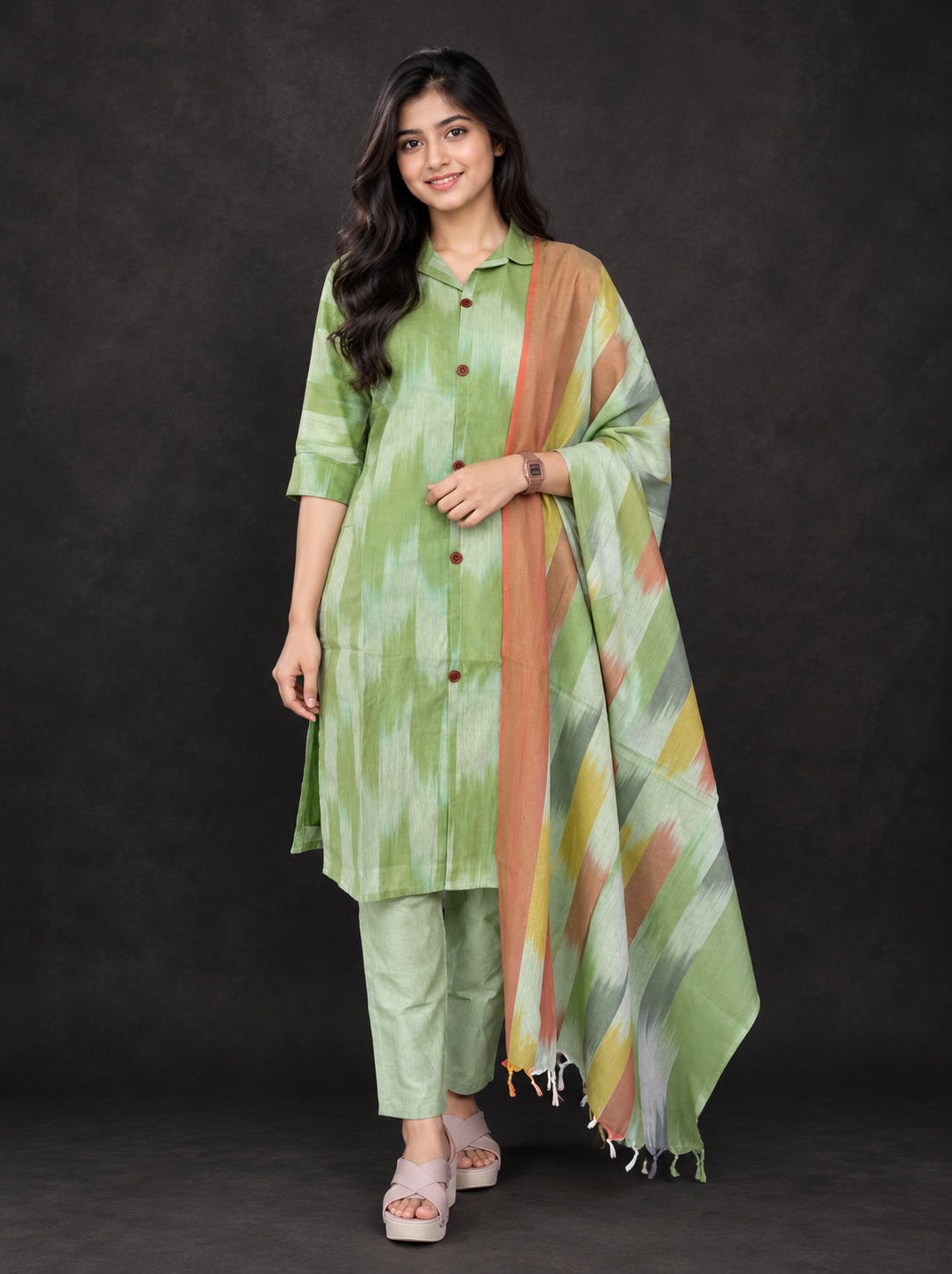 Light Green Premium Ikat Cotton 3PC Set with Collar Neck & Multi-Tone Dupatta with Show Buttons