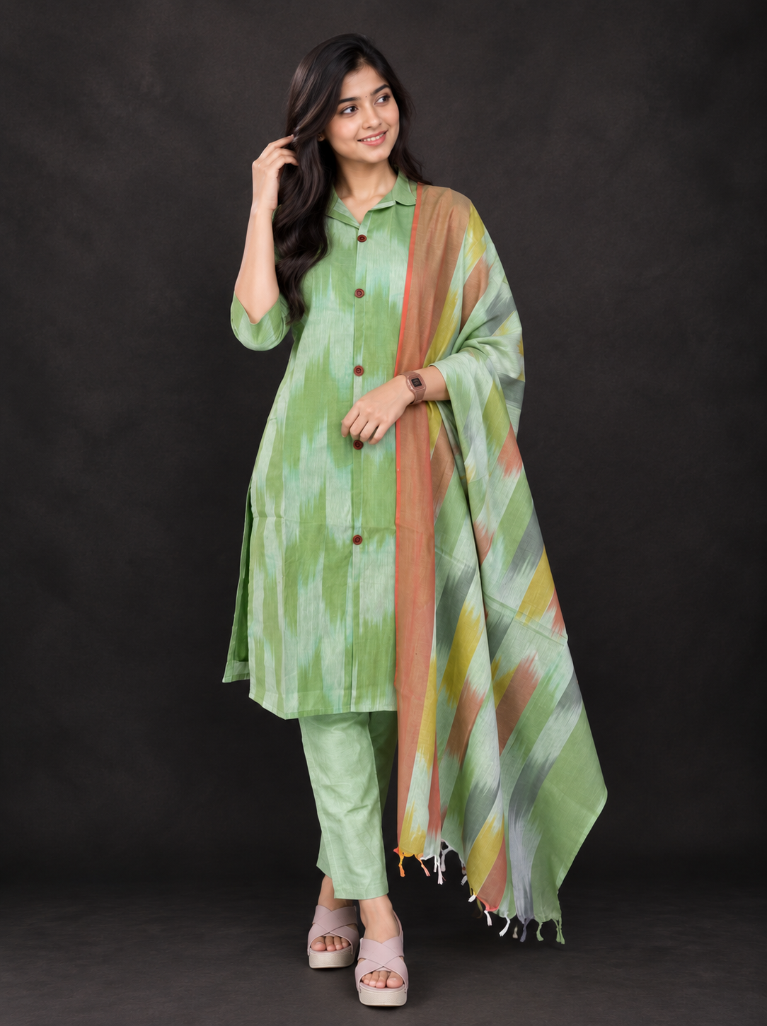 Light Green Premium Ikat Cotton 3PC Set with Collar Neck & Multi-Tone Dupatta with Show Buttons