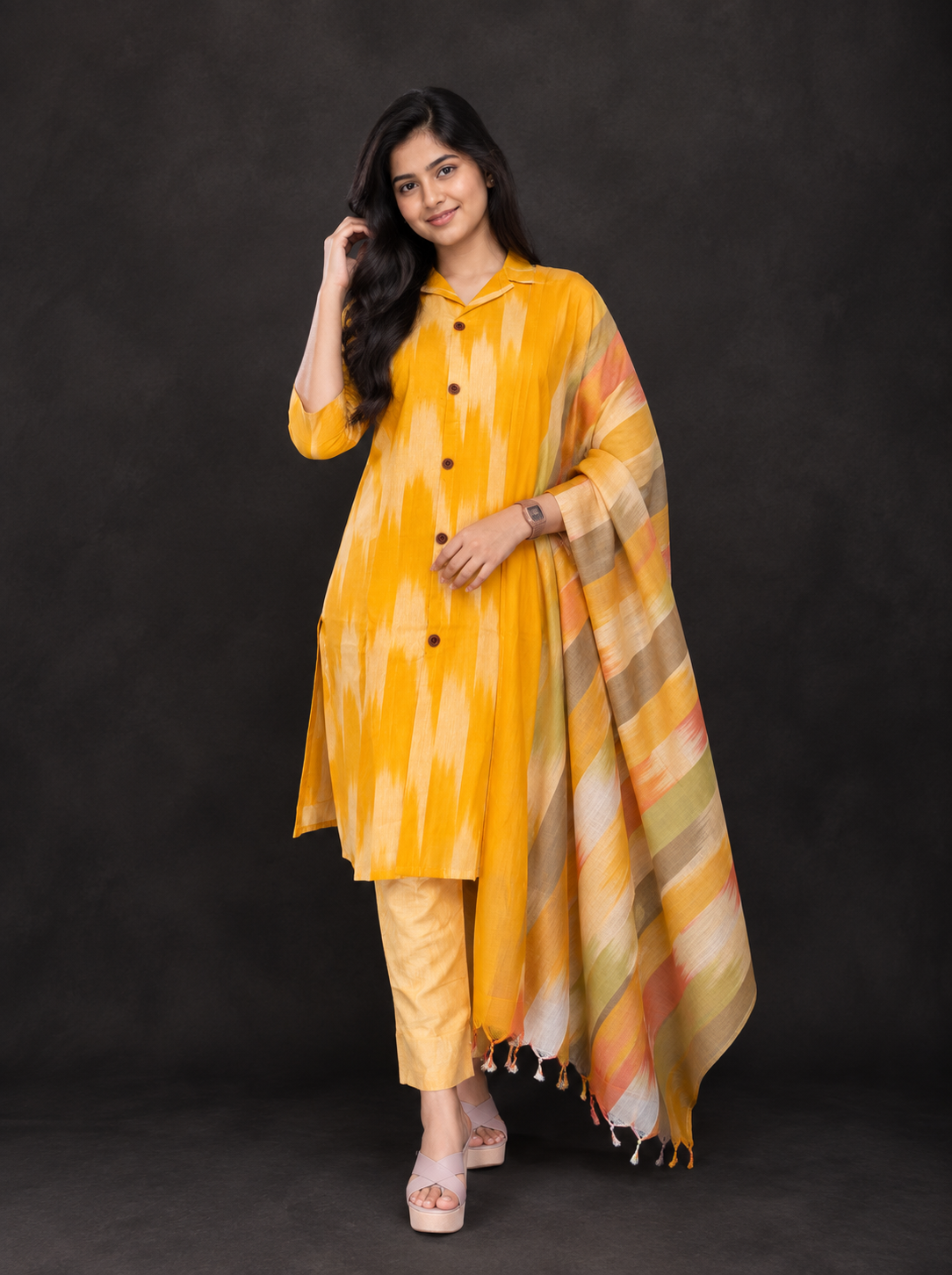 Yellow Premium Ikat Cotton 3PC Set with Collar Neck & Multi-Tone Dupatta with Show Buttons