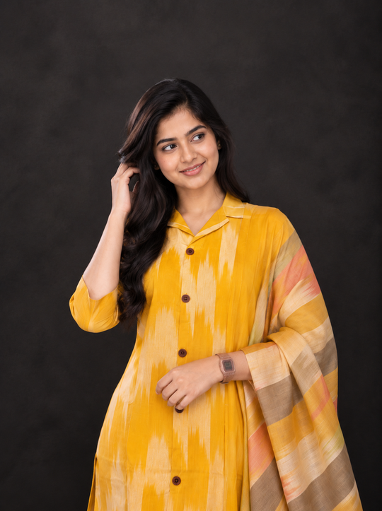 Yellow Premium Ikat Cotton 3PC Set with Collar Neck & Multi-Tone Dupatta with Show Buttons