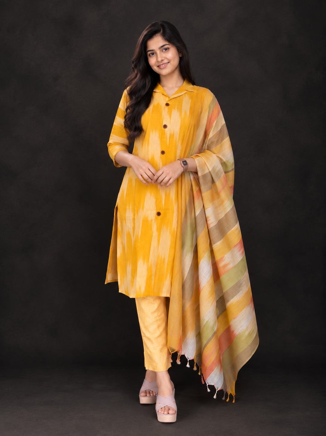 Yellow Premium Ikat Cotton 3PC Set with Collar Neck & Multi-Tone Dupatta with Show Buttons
