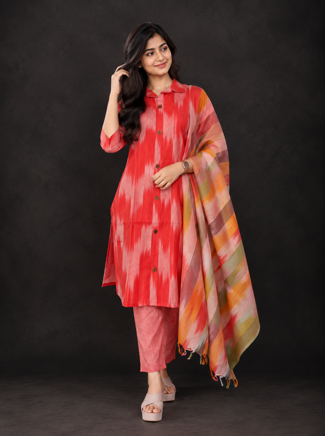 Tomato Red Premium Ikat Cotton 3PC Set with Collar Neck & Multi-Tone Dupatta with Show Buttons