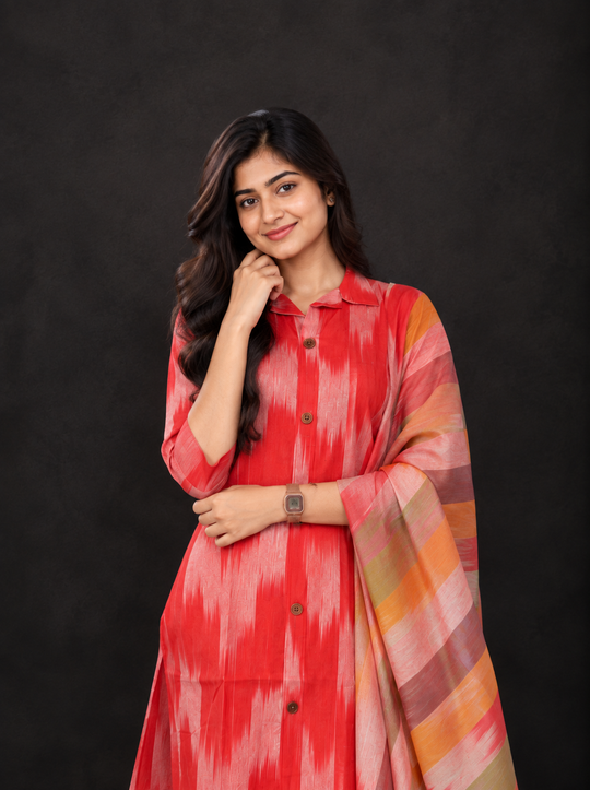Tomato Red Premium Ikat Cotton 3PC Set with Collar Neck & Multi-Tone Dupatta with Show Buttons