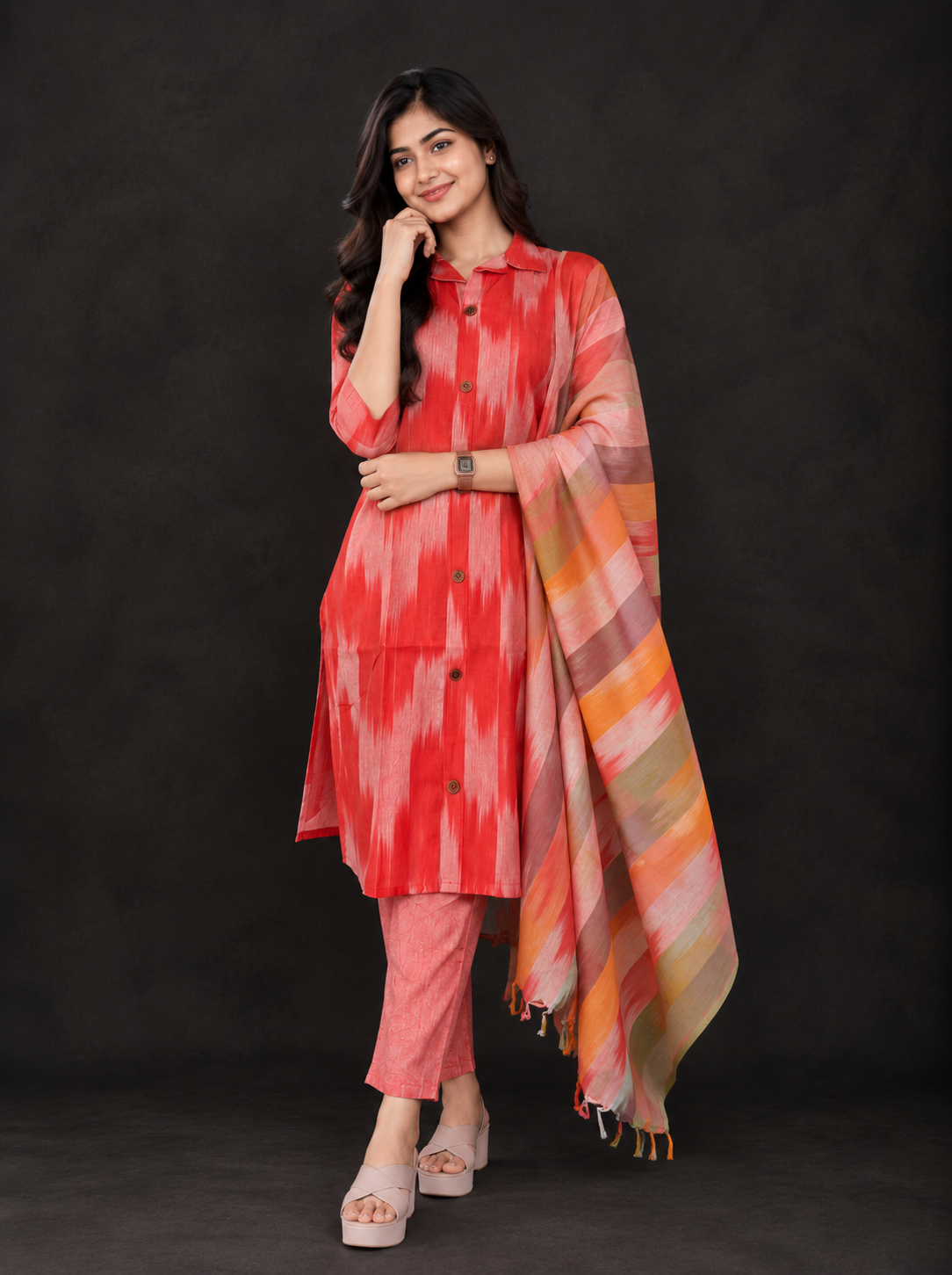 Tomato Red Premium Ikat Cotton 3PC Set with Collar Neck & Multi-Tone Dupatta with Show Buttons