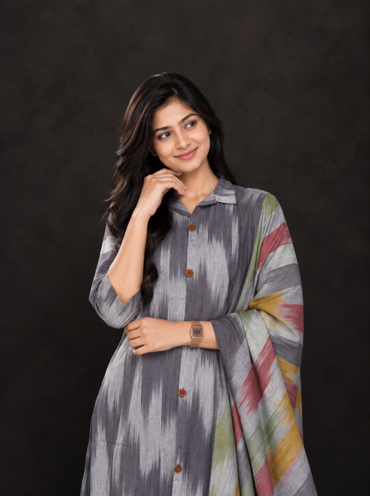 Gray Premium Ikat Cotton 3PC Set with Collar Neck & Multi-Tone Dupatta with Show Buttons
