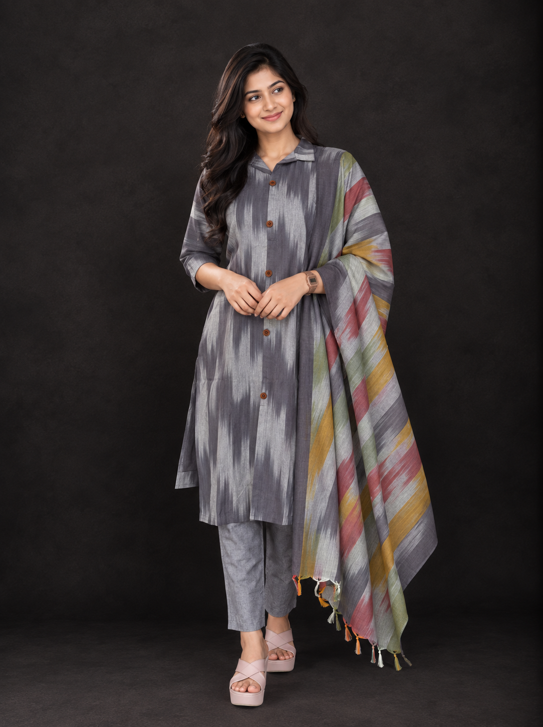 Gray Premium Ikat Cotton 3PC Set with Collar Neck & Multi-Tone Dupatta with Show Buttons