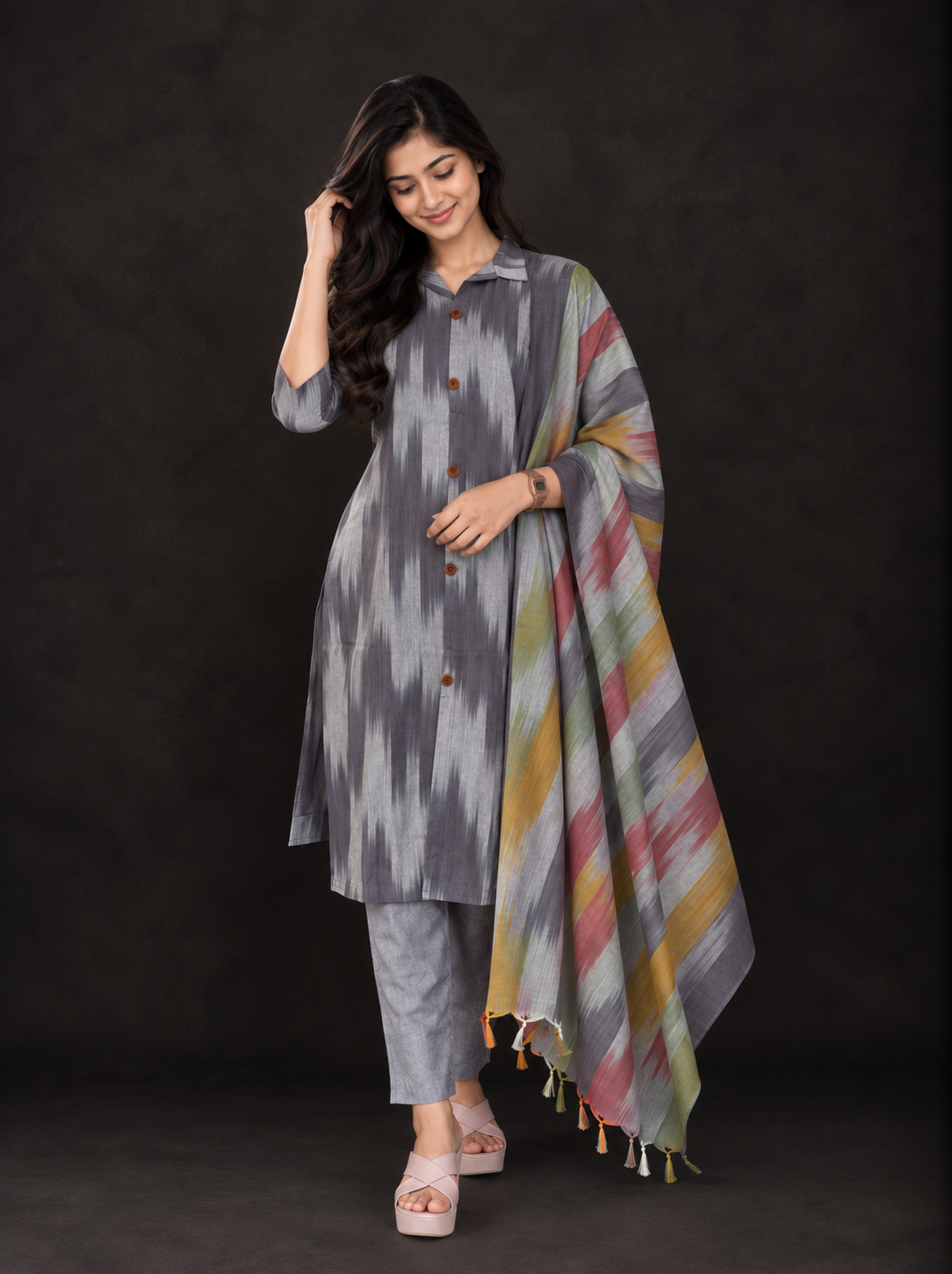 Gray Premium Ikat Cotton 3PC Set with Collar Neck & Multi-Tone Dupatta with Show Buttons