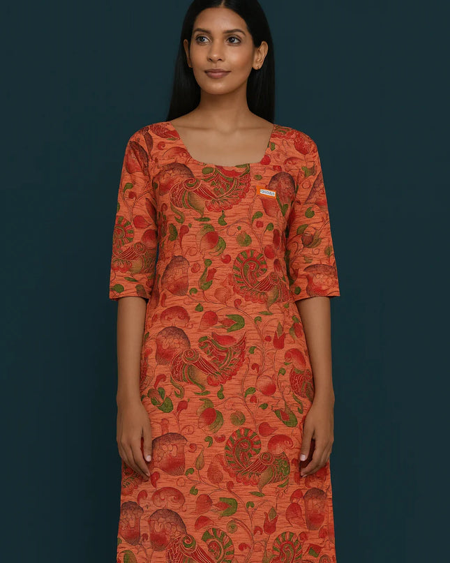 Premium Straight Cut Kurti – Peach Colour with Beautiful Floral Print