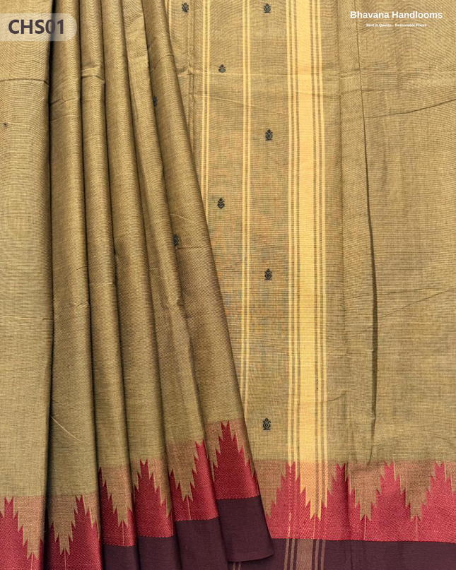 Traditional Chettinad Handloom Saree in Dark Brown Color with Temple Border & Buti Weave