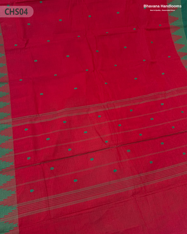 Traditional Chettinad Handloom Saree in Red with Temple Border & Buti Weave