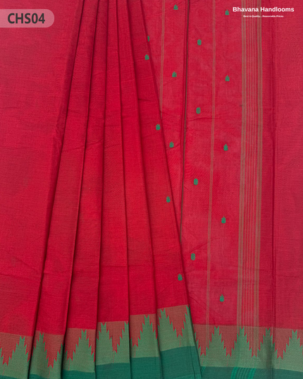 Traditional Chettinad Handloom Saree in Red with Temple Border & Buti Weave
