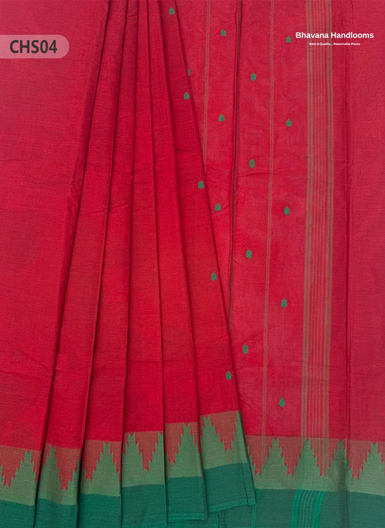 Traditional Chettinad Handloom Saree in Red with Temple Border & Buti Weave