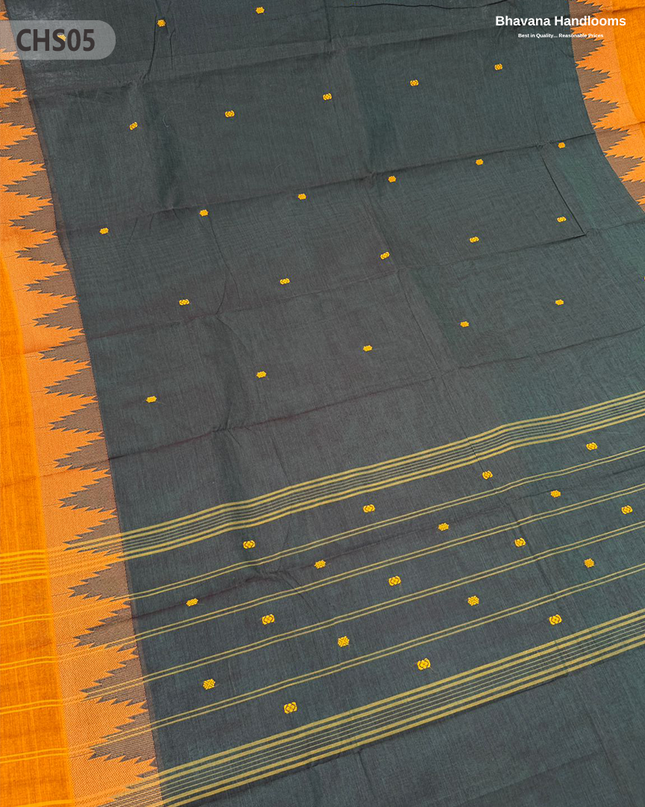 Traditional Chettinad Handloom Saree in Carbon Grey Color with Temple Border & Buti Weave