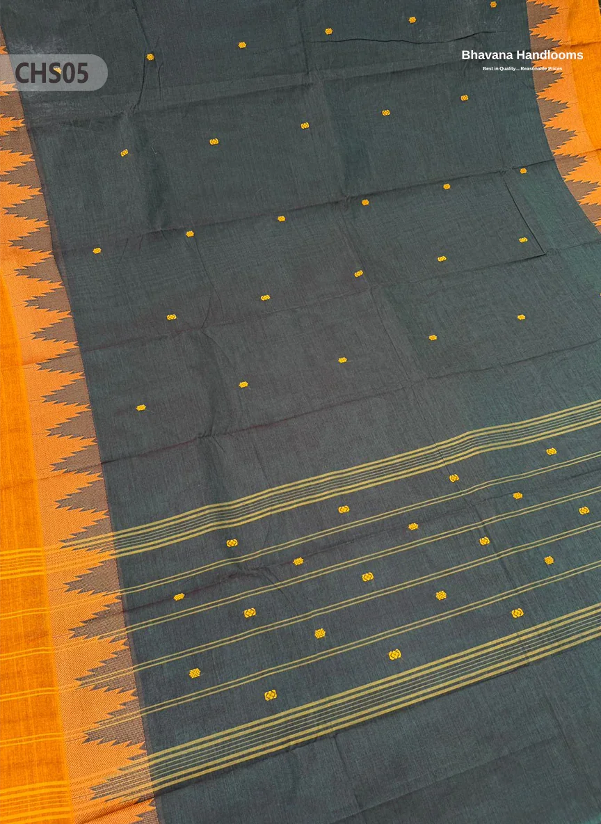 Traditional Chettinad Handloom Saree in Carbon Grey Color with Temple Border & Buti Weave