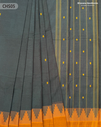 Traditional Chettinad Handloom Saree in Carbon Grey Color with Temple Border & Buti Weave