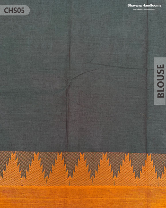 Traditional Chettinad Handloom Saree in Carbon Grey Color with Temple Border & Buti Weave