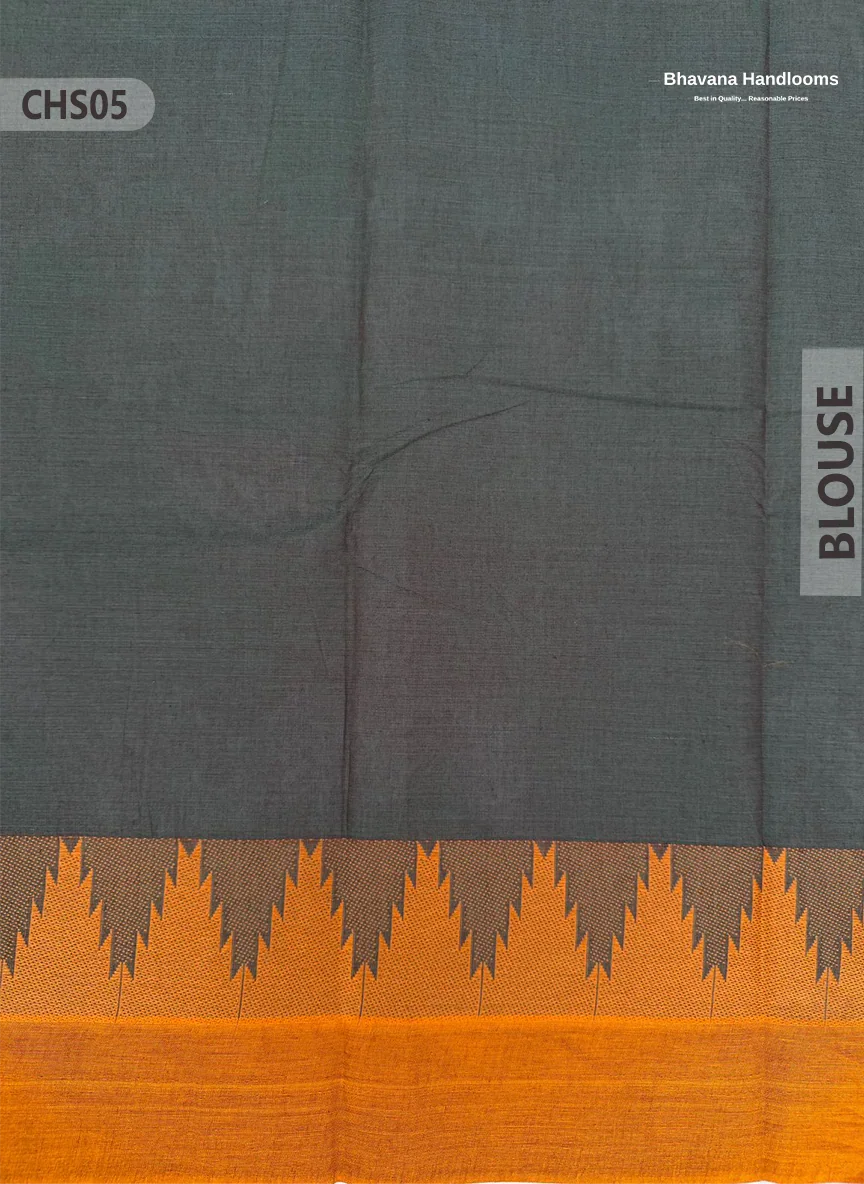 Traditional Chettinad Handloom Saree in Carbon Grey Color with Temple Border & Buti Weave