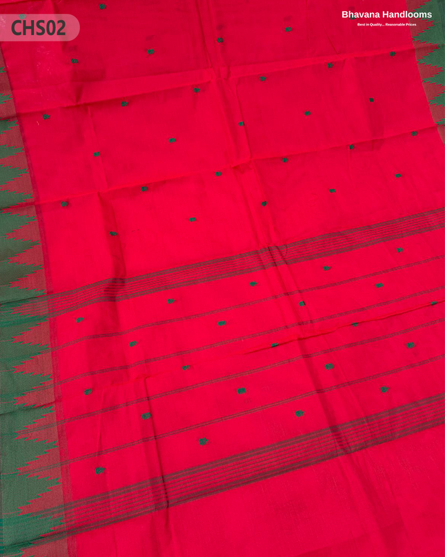 Traditional Chettinad Handloom Saree in Pink Red Color with Temple Border & Buti Weave