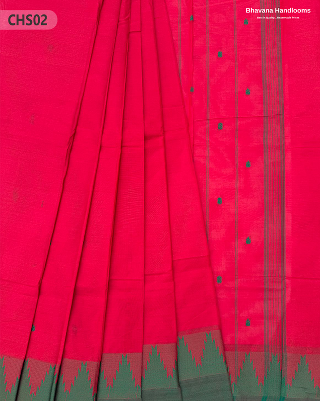 Traditional Chettinad Handloom Saree in Pink Red Color with Temple Border & Buti Weave