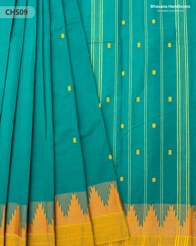 Traditional Chettinad Handloom Saree in Dark Cyan with Temple Border & Buti Weave