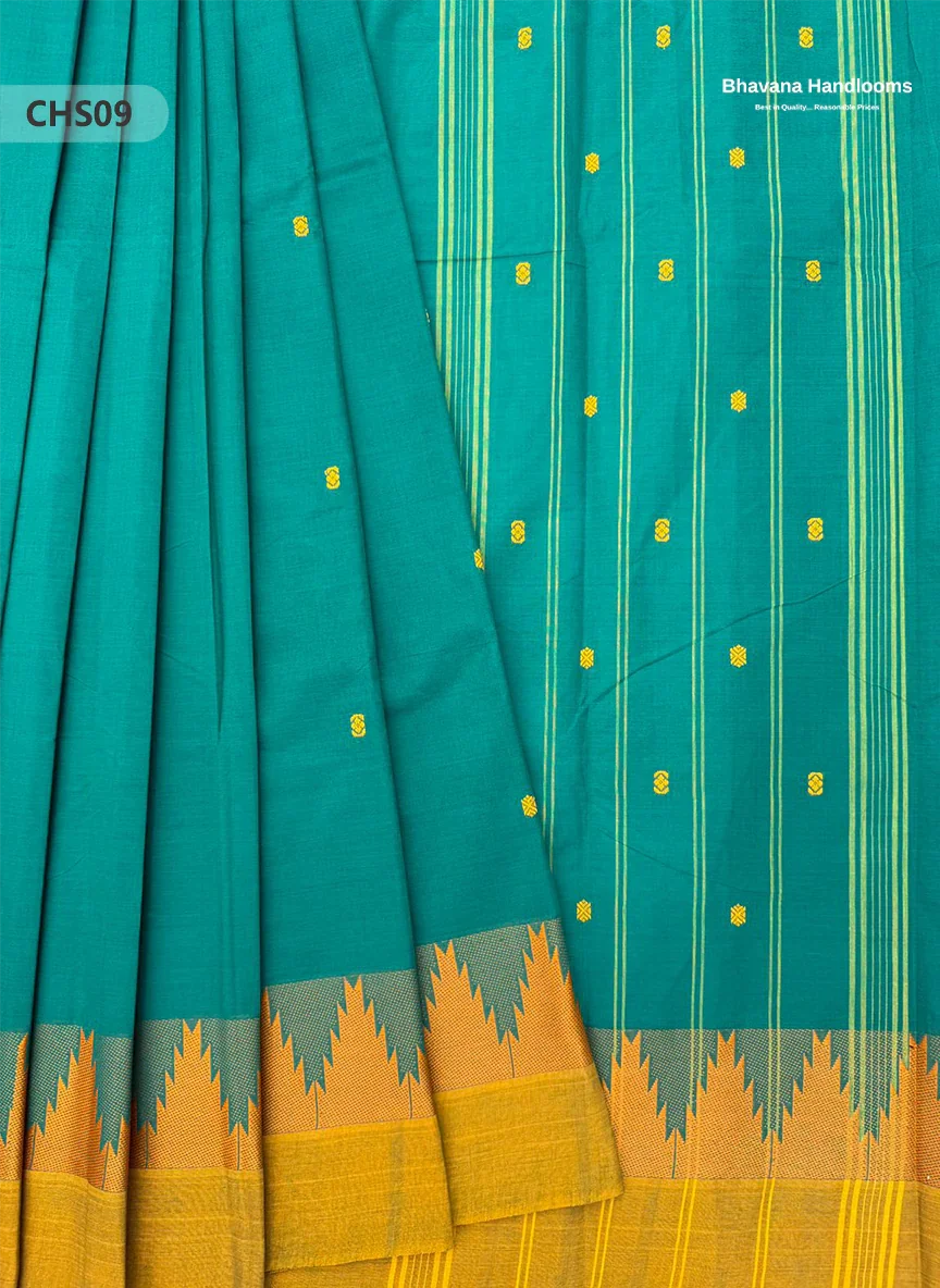 Traditional Chettinad Handloom Saree in Dark Cyan with Temple Border & Buti Weave