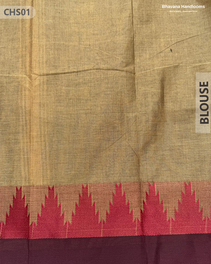 Traditional Chettinad Handloom Saree in Dark Brown Color with Temple Border & Buti Weave