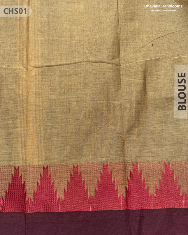 Traditional Chettinad Handloom Saree in Dark Brown Color with Temple Border & Buti Weave