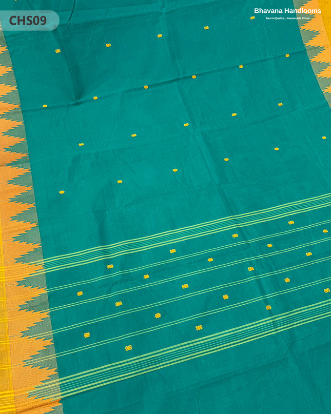 Traditional Chettinad Handloom Saree in Dark Cyan with Temple Border & Buti Weave