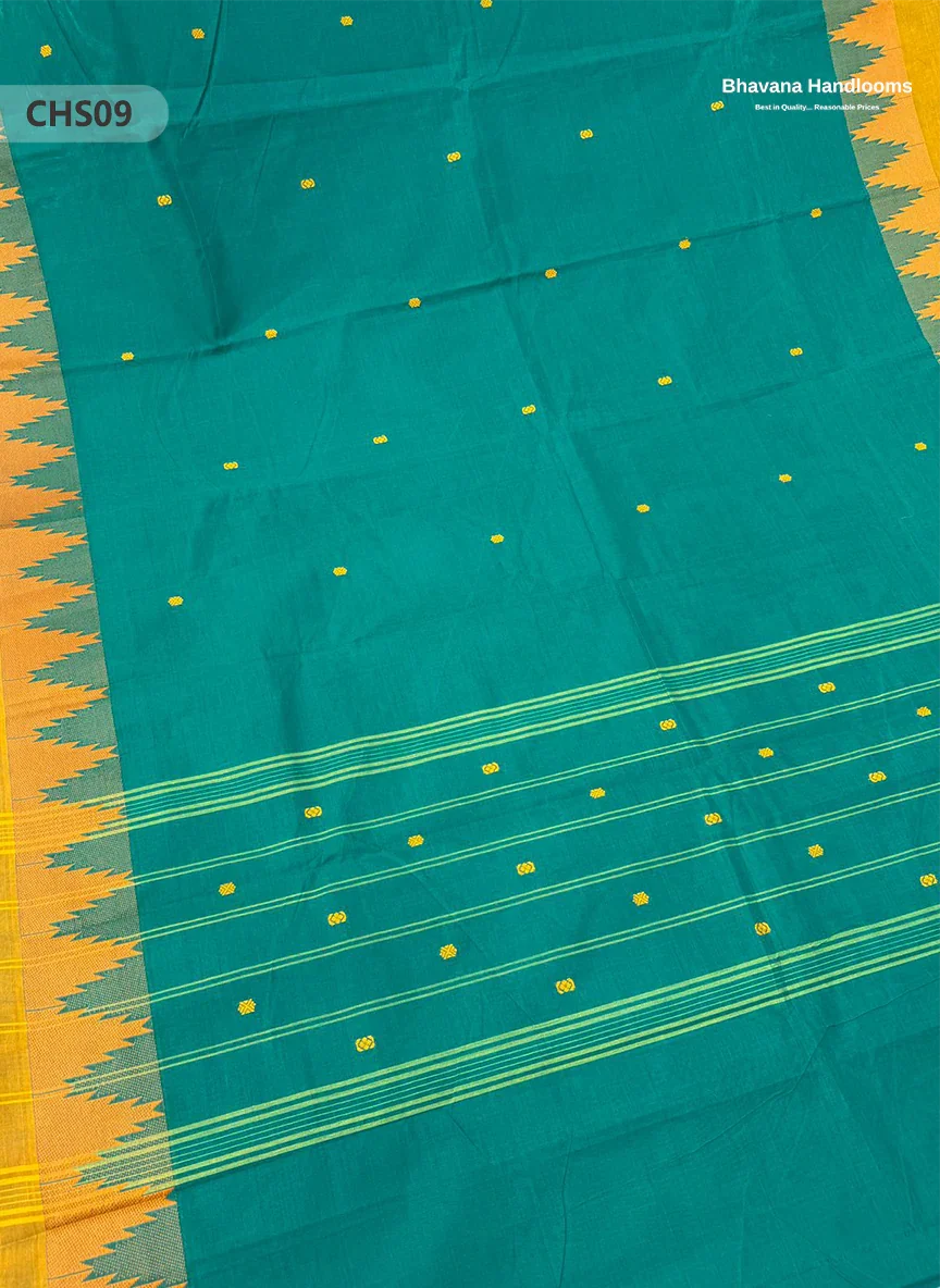 Traditional Chettinad Handloom Saree in Dark Cyan with Temple Border & Buti Weave