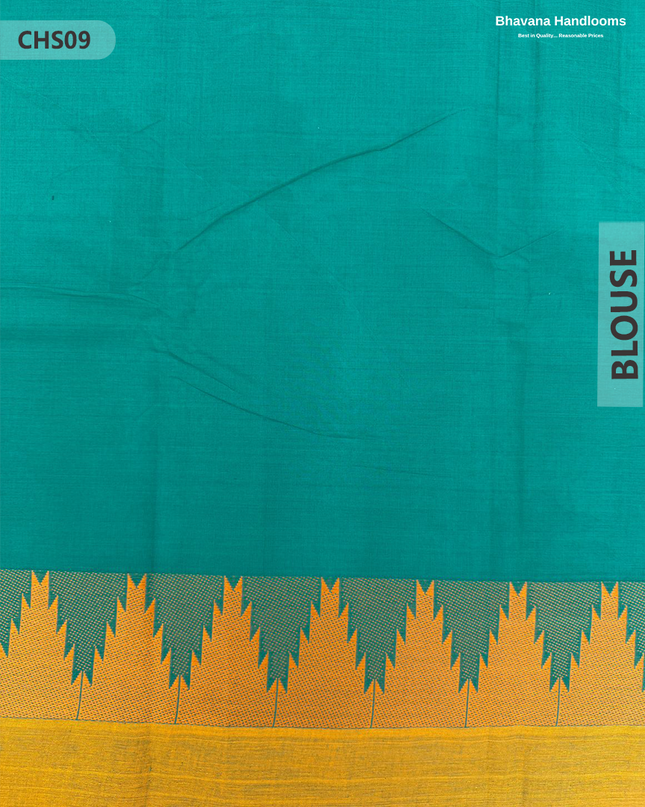 Traditional Chettinad Handloom Saree in Dark Cyan with Temple Border & Buti Weave