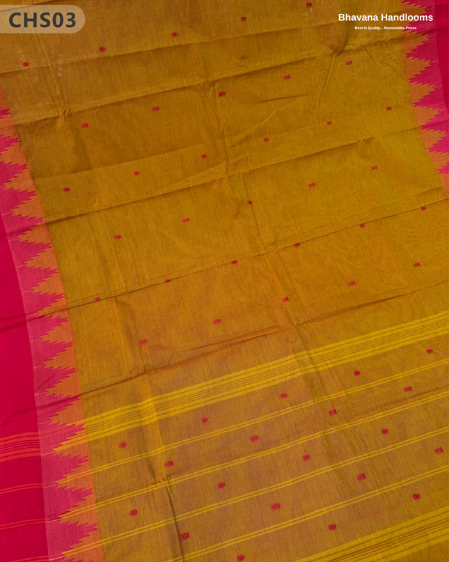 Traditional Chettinad Handloom Saree in Pink & Brown Color with Temple Border & Buti Weave