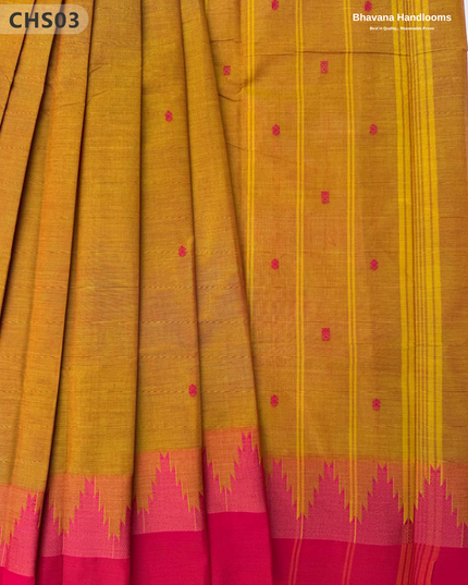 Traditional Chettinad Handloom Saree in Pink & Brown Color with Temple Border & Buti Weave
