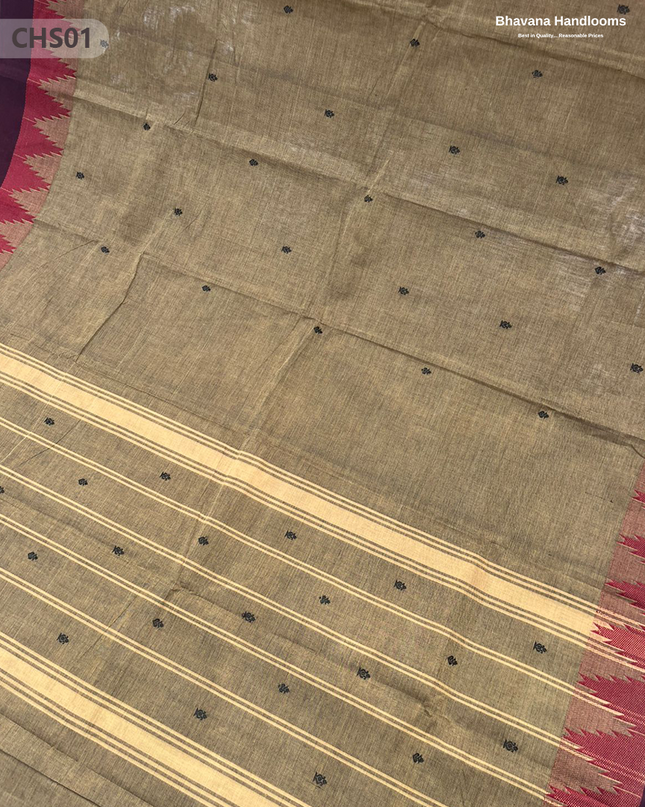 Traditional Chettinad Handloom Saree in Dark Brown Color with Temple Border & Buti Weave