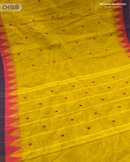 Traditional Chettinad Handloom Saree in Yellow with Temple Border & Buti Weave