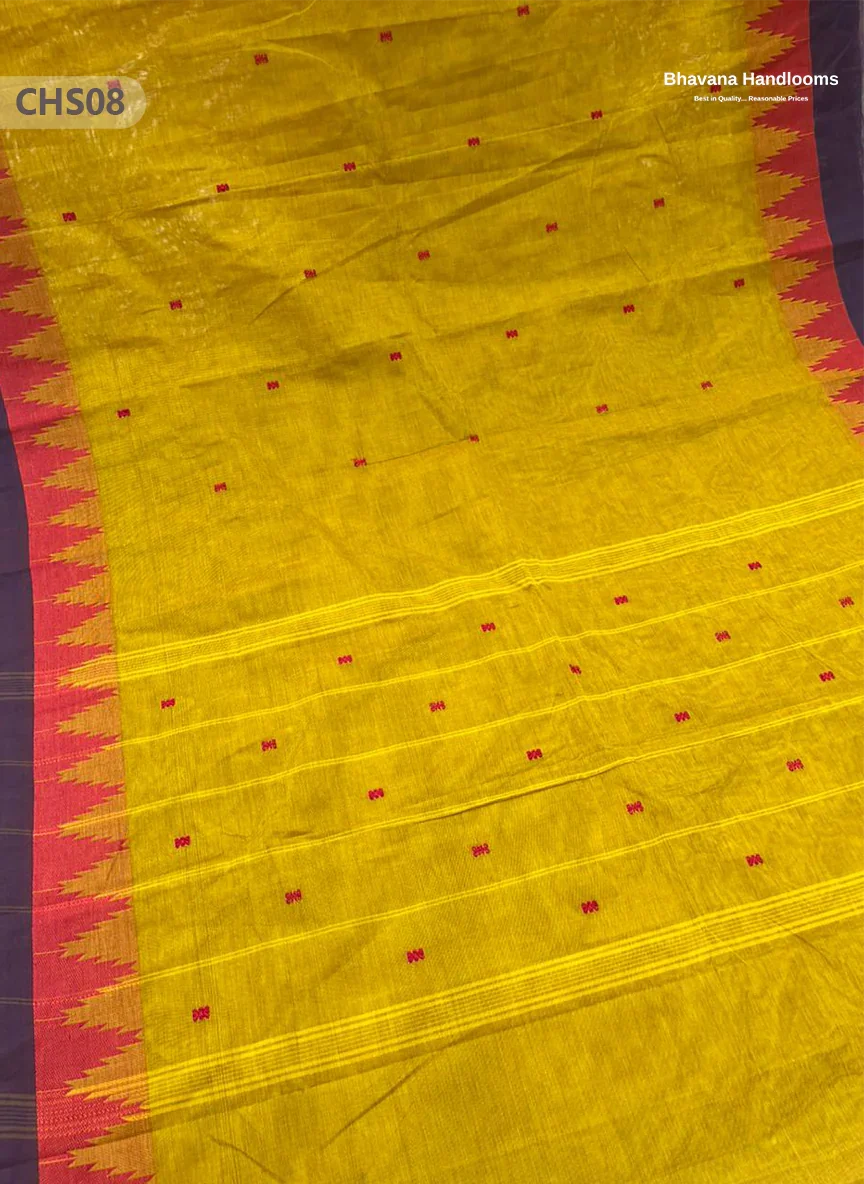 Traditional Chettinad Handloom Saree in Yellow with Temple Border & Buti Weave