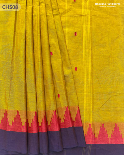 Traditional Chettinad Handloom Saree in Yellow with Temple Border & Buti Weave