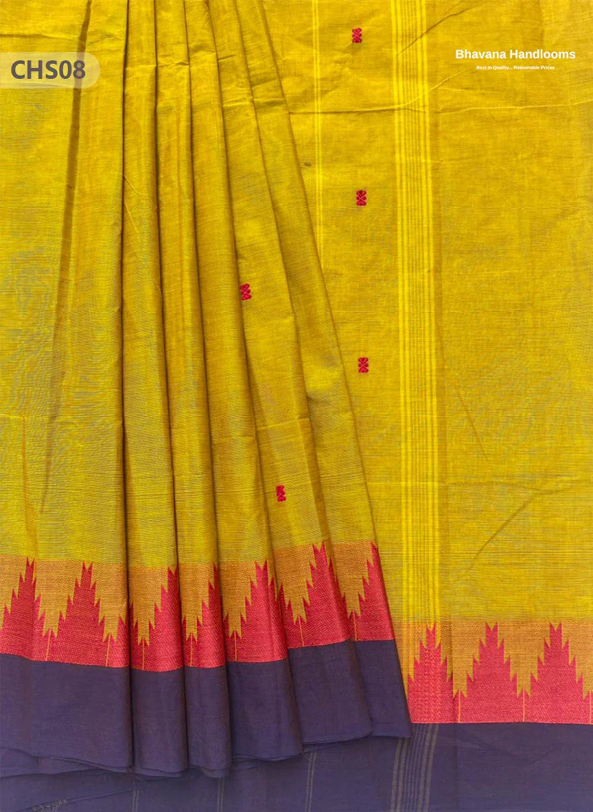 Traditional Chettinad Handloom Saree in Yellow with Temple Border & Buti Weave