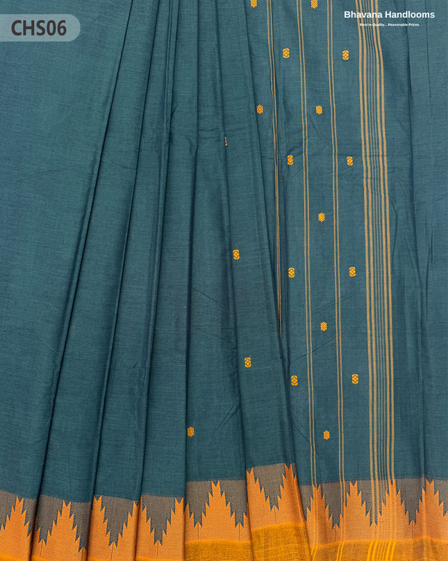 Traditional Chettinad Handloom Saree in Blue Dianne Color with Temple Border & Buti Weave