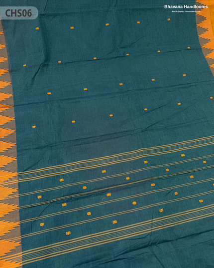 Traditional Chettinad Handloom Saree in Blue Dianne Color with Temple Border & Buti Weave