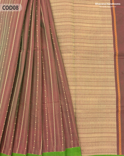 Traditional Coimbatore Handloom Saree – Thread Woven, Small Border, Dark Brown colour