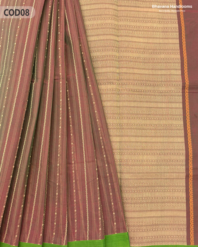 Traditional Coimbatore Handloom Saree – Thread Woven, Small Border, Dark Brown colour