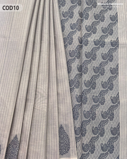 Traditional Coimbatore Handloom Saree – Thread Woven, Small Border, Light Grey colour