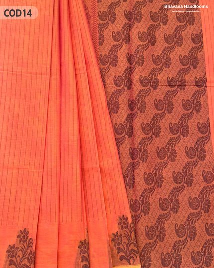 Traditional Coimbatore Handloom Saree – Thread Woven, Small Border, Orange colour