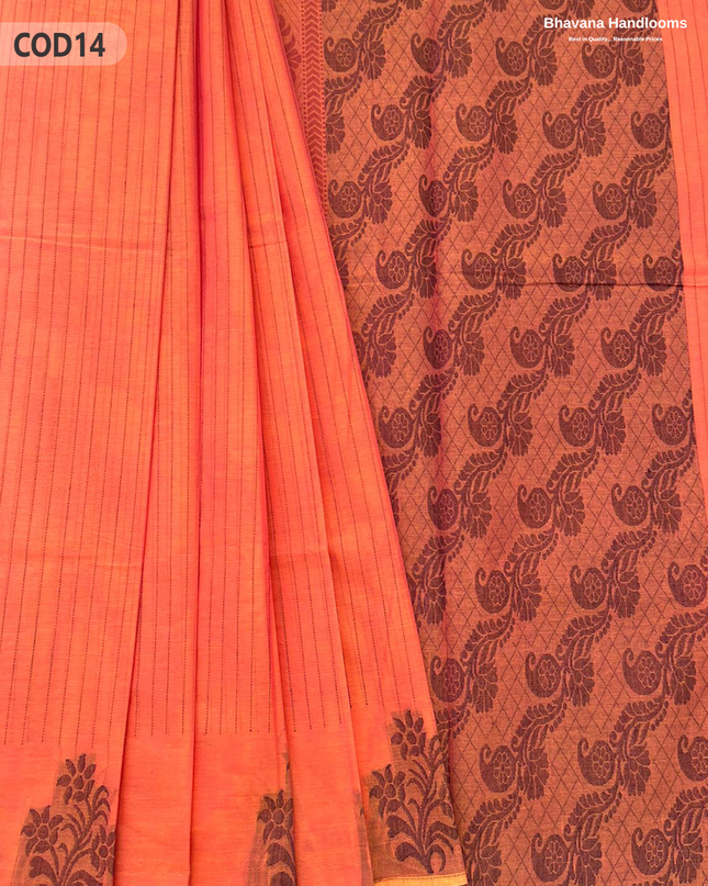Traditional Coimbatore Handloom Saree – Thread Woven, Small Border, Orange colour
