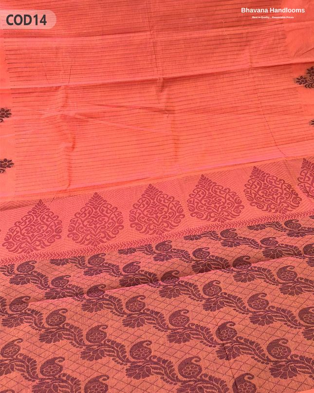 Traditional Coimbatore Handloom Saree – Thread Woven, Small Border, Orange colour